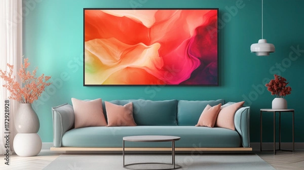 Obraz A large framed painting of a flower is hanging on a wall