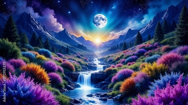 Fototapeta A beautiful landscape with a large moon in the sky