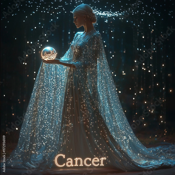Obraz A mystical woman in a flowing silver gown stands under a starry sky, holding a glowing orb representing the moon