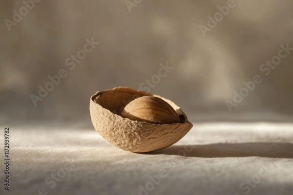 Fototapeta Single hazelnut rests inside a broken shell