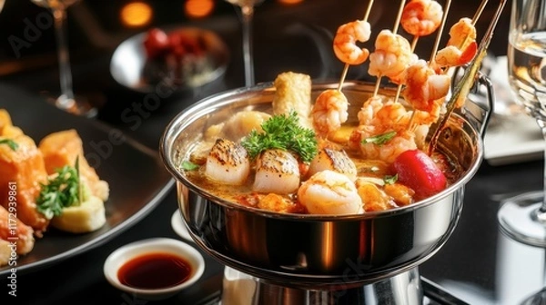 Fototapeta A charming bucket of seafood fondue, served with skewers of shrimp and scallops.