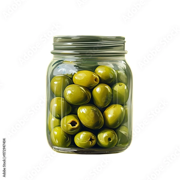 Obraz Green Olives in Jar: A close-up shot captures a jar of vibrant, green olives, perfectly preserved and ready to add a touch of Mediterranean zest to any culinary creation. 