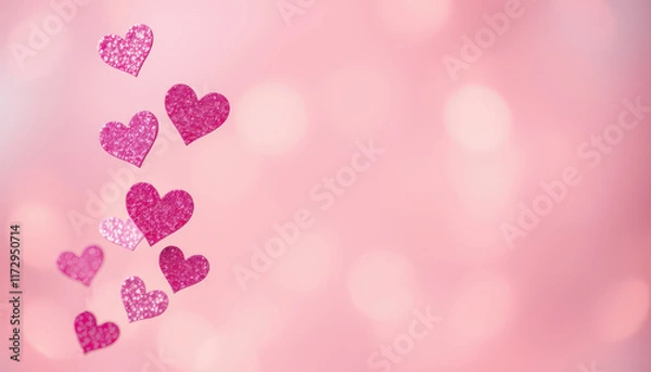Obraz Pink glitter hearts are displayed with a soft bokeh light effect, creating a romantic and cheerful atmosphere perfect for themes of love and celebration.