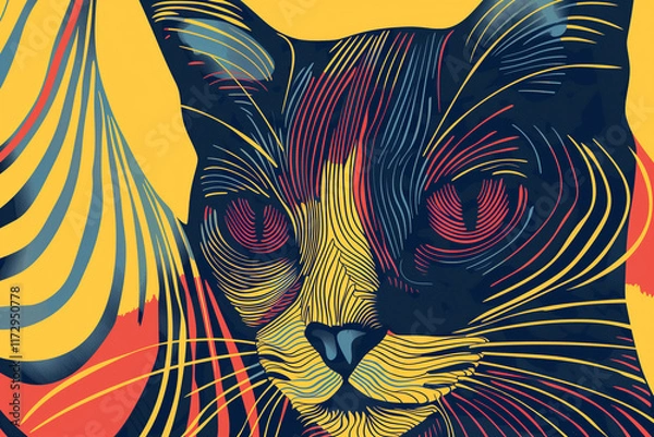 Fototapeta An artistic line art of a cat with bold, contrasting colors creating a striking visual impact.