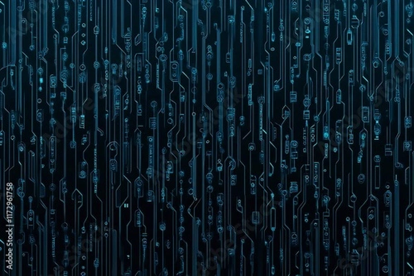 Fototapeta Abstract close-up of a glowing blue digital circuit board, showcasing intricate connections and technological design on a black background.
