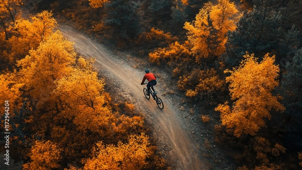 Fototapeta riding a mountainbike during fall in the forest during mid-day with a birds eye view 