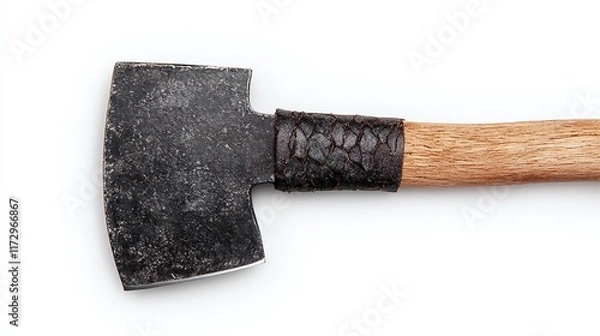 Fototapeta Close-up view of a rustic hand axe with a wooden handle and leather wrap, isolated on white.