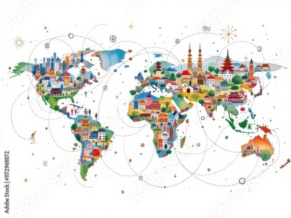 Obraz A world map with cities and landmarks displayed using colorful designs, representing global culture and travel.
