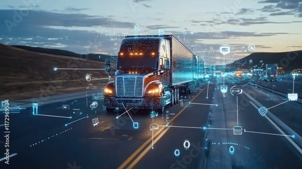 Fototapeta Global fleet management network with trucks, icons, and digital connections