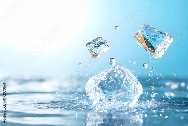 Fototapeta Ice cubes splashing into water, creating droplets;  blue background, refreshing summer drink concept