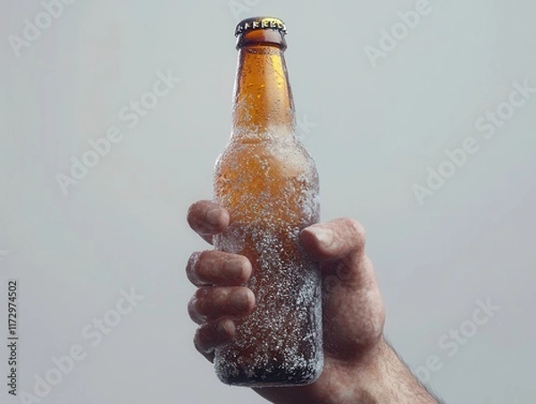Fototapeta Frosted Beer Bottle in a Hand Against a Gray Background