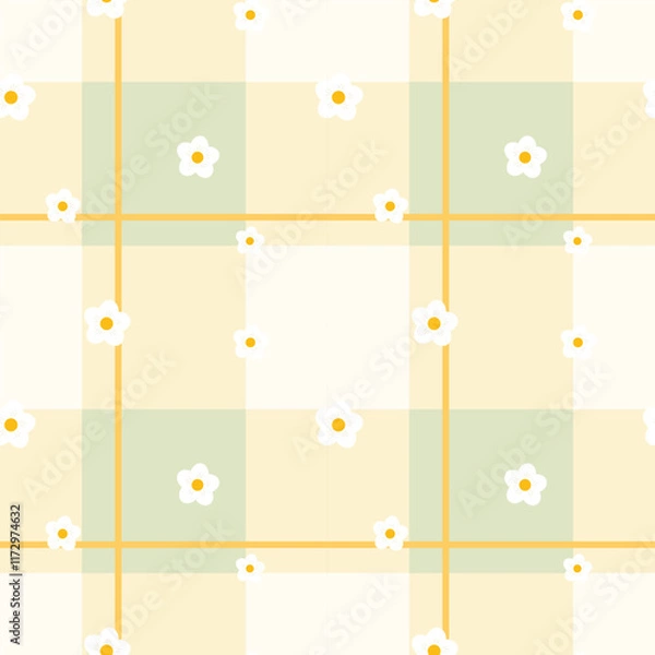 Obraz Gingham seamless vector pattern with kawaii carrots. Tartan check for tablecloths, napkins, clothes, packaging, for the Easter holiday. Cozy cute childish. easter color.