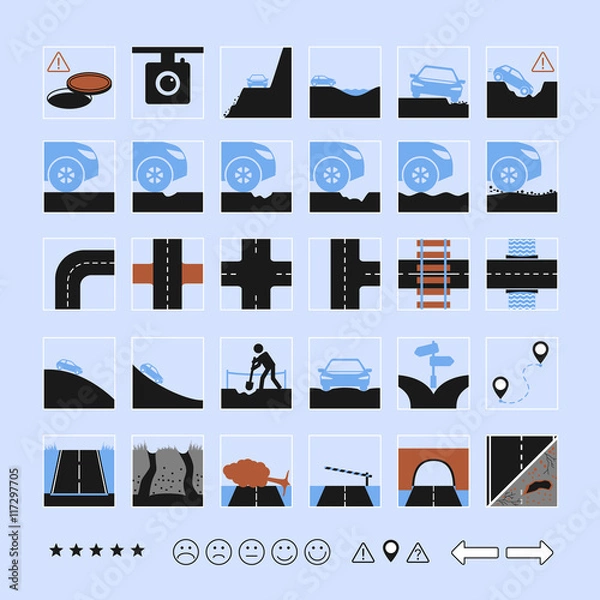Obraz Vector set of road icon. Different dangers and troubles on the way: pit, bad asphalt, rut, crack, stones, open hatch, construction. And several types of crossroads.