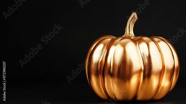 Fototapeta Golden metal shiny pumpkin isolated on black, with copy space, Halloween and Thanksgiving luxury concept