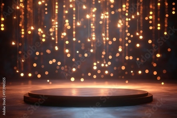 Fototapeta Round podium illuminating under hanging lights and bokeh effect, perfect for product placement