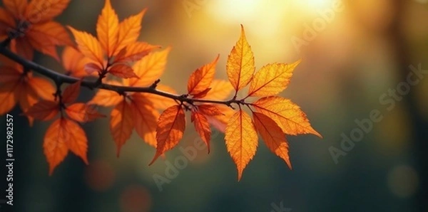 Fototapeta A branch laden with glowing leaves stretches towards the sky, soft focus, natural ambiance, earthy tones