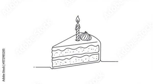 Fototapeta Single Line Art Drawing of a Cake Slice with Candle