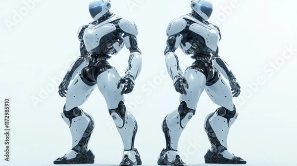 Fototapeta Two identical white humanoid robots standing back-to-back on a white background.