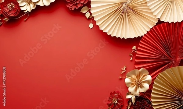 Obraz Decorative arrangement of red paper fans and cherry blossoms on a textured background
