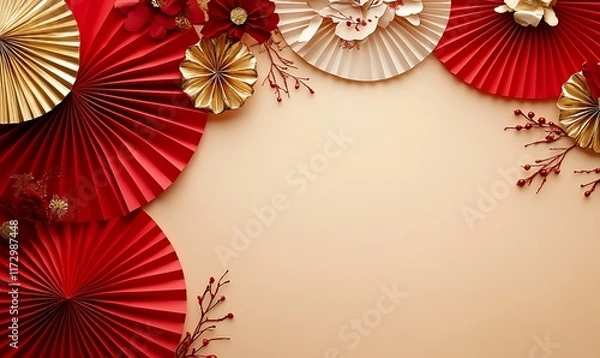 Fototapeta Decorative arrangement of red paper fans and cherry blossoms on a textured background
