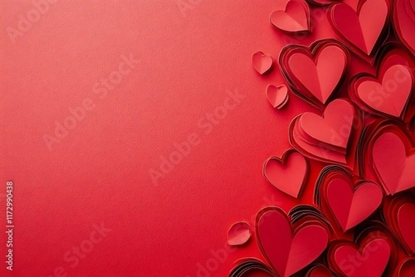 Obraz White and red hearts on a red background. The concept of St. Vylentin Day. Festive background. Copy space.
