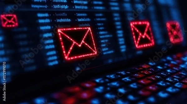 Obraz Digital Email Icons on Keyboard with Cyber Background and Glowing Red Effects in a Futuristic Setting