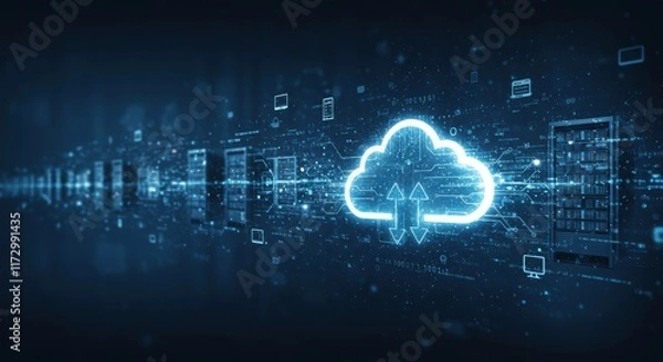 Fototapeta Data cloud server, Vsual cloud networks security, showcasing a glowing cloud surrounded by interconnected big data, and digital storage.cloud