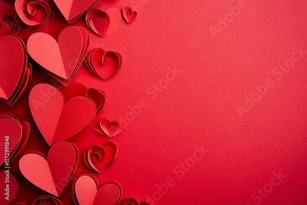 Obraz White and red hearts on a red background. The concept of St. Vylentin Day. Festive background. Copy space.
