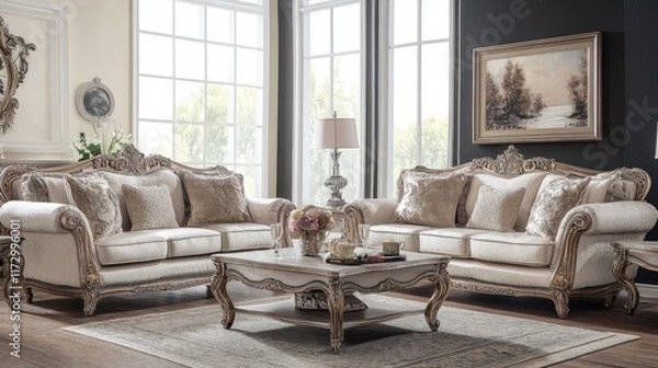 Fototapeta A royal and elegant living room setup with intricate furniture, a warm color palette, and timeless decor.