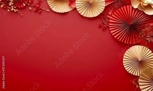 Fototapeta Decorative arrangement of red paper fans and cherry blossoms on a textured background
