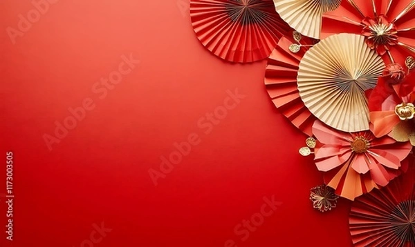 Obraz Decorative arrangement of red paper fans and cherry blossoms on a textured background
