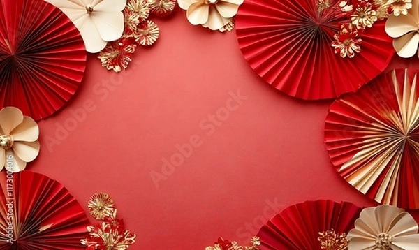 Obraz Decorative arrangement of red paper fans and cherry blossoms on a textured background

