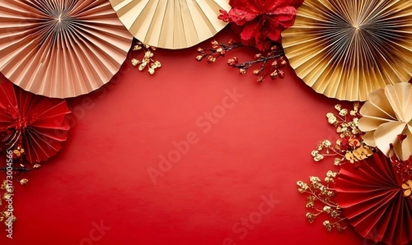 Obraz Decorative arrangement of red paper fans and cherry blossoms on a textured background
