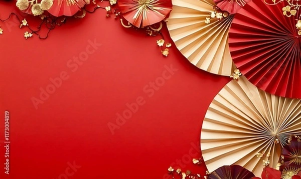 Obraz Decorative arrangement of red paper fans and cherry blossoms on a textured background
