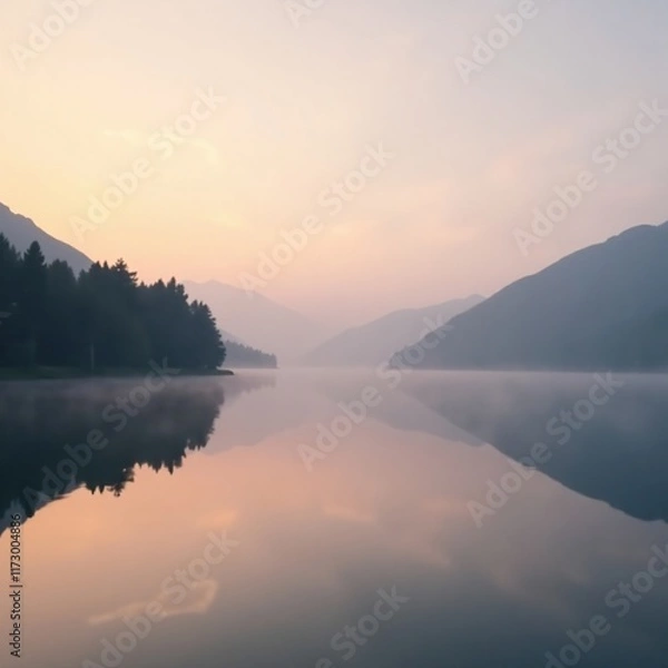 Fototapeta Foggy lake surface reflected in calm morning light, calm, environment