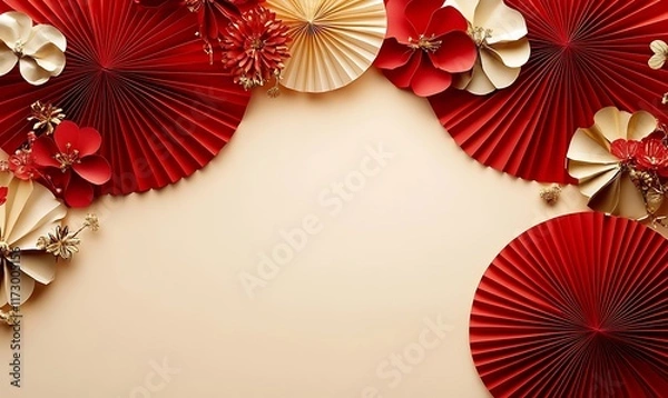 Obraz Decorative arrangement of red paper fans and cherry blossoms on a textured background
