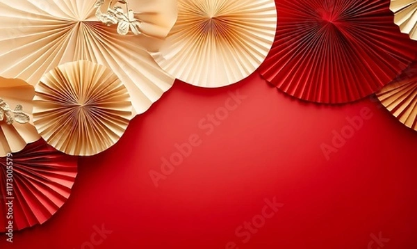 Fototapeta Decorative arrangement of red paper fans and cherry blossoms on a textured background
