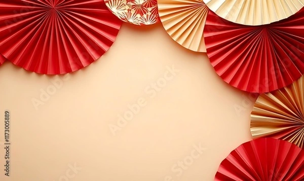 Obraz Decorative arrangement of red paper fans and cherry blossoms on a textured background
