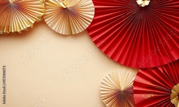 Obraz Decorative arrangement of red paper fans and cherry blossoms on a textured background
