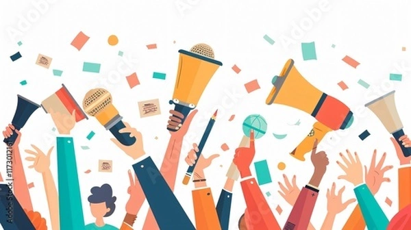 Obraz Professional Journalist Day Poster Featuring Hands with Microphone and Megaphone