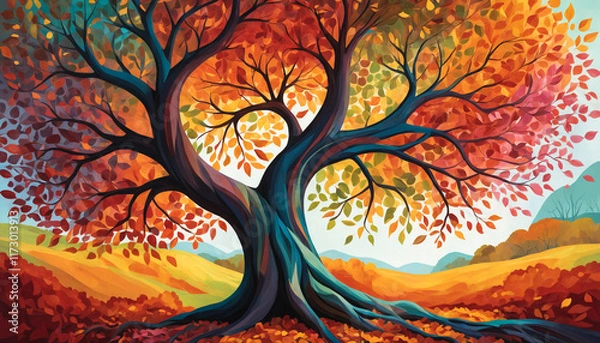 Fototapeta abstract tree with colorful leaf. Colorful tree with leaves illustration style