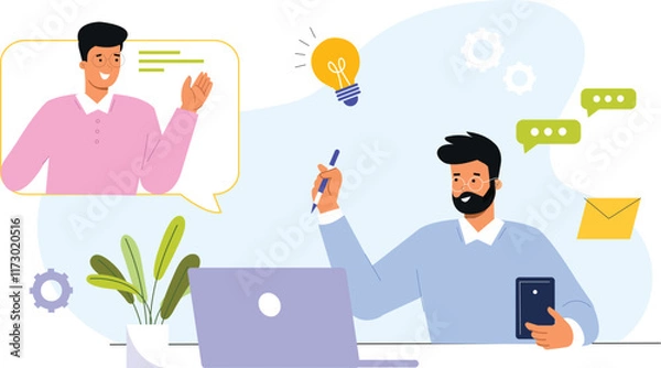 Obraz An interactive online learning illustration featuring an engaging virtual class setup, with students participating in a live session via laptops and tablets, digital whiteboards