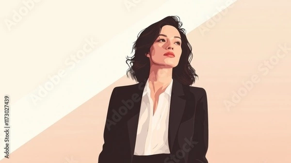 Obraz A confident businesswoman in formal attire, standing against a minimalist background with clean lines and neutral tones, exuding professionalism