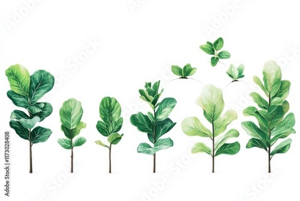 Fototapeta plant growth chart illustration showing the development stages of a fiddle leaf fig, minimal background with copy space