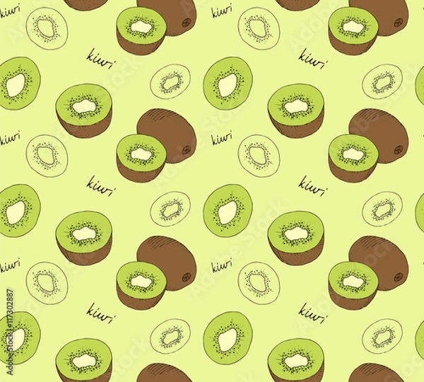 Fototapeta Hand drawn kiwi seamless pattern.
