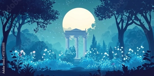 Fototapeta Moonlit Temple in a Serene Blue Forest Garden