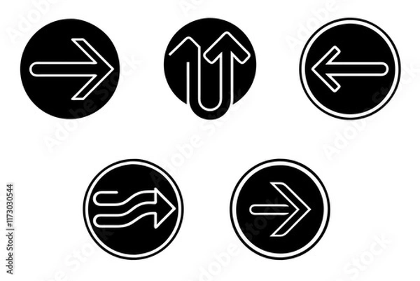 Fototapeta Set of 5 icons with various arrow designs, thin white outline on black circle background, high resolution