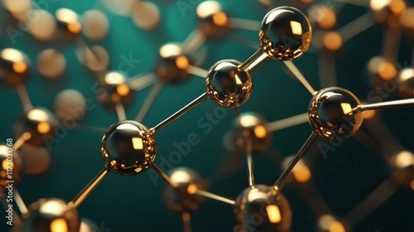 Fototapeta Abstract Close-Up of Golden Molecules on a Teal Background
