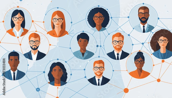 Fototapeta Building Bridges: A Diverse Network of Social and Professional Connections.  A diverse network of interconnected people portraits symbolizing social connections and professional networking
