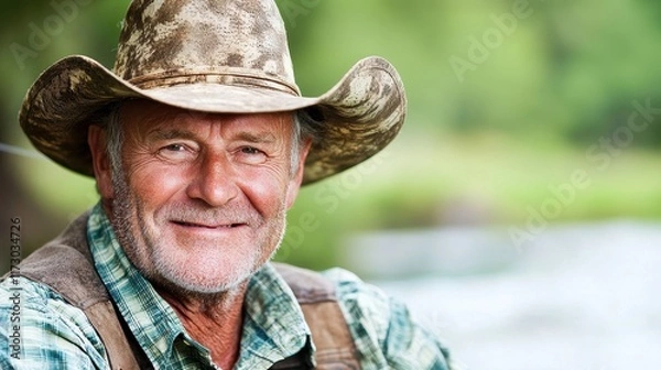 Fototapeta Smiling Senior Man with Cowboy Hat Enjoying Nature on a Sunny Day by a River